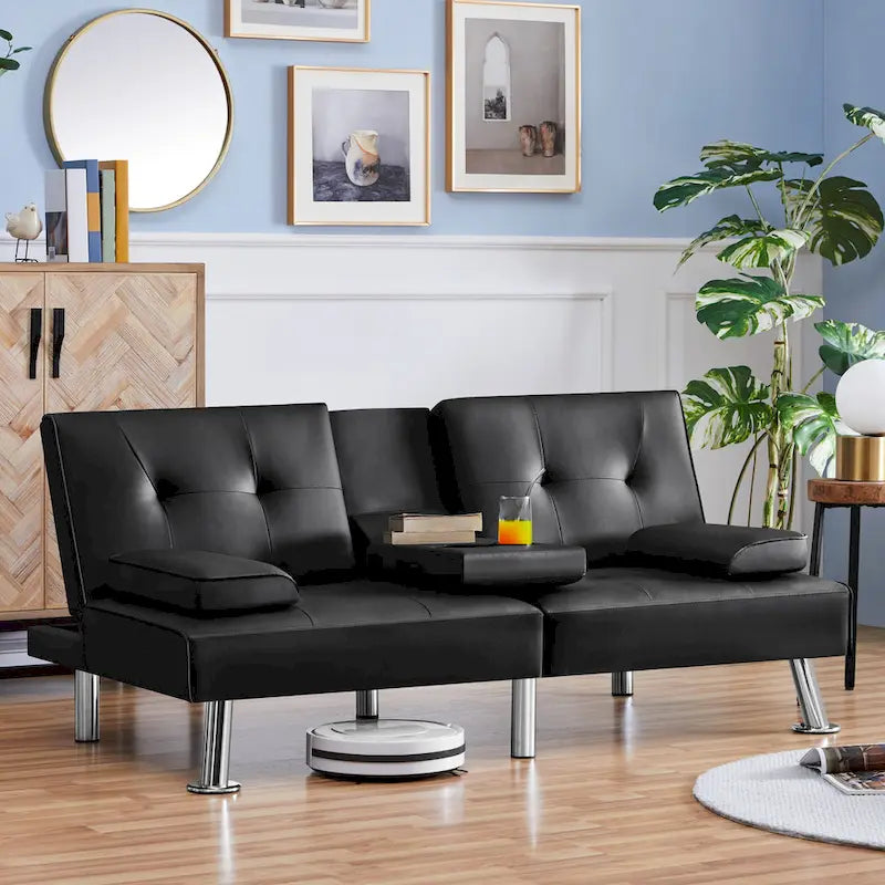 Faux Leather Convertible Futon Sofa Bed 3-in-1