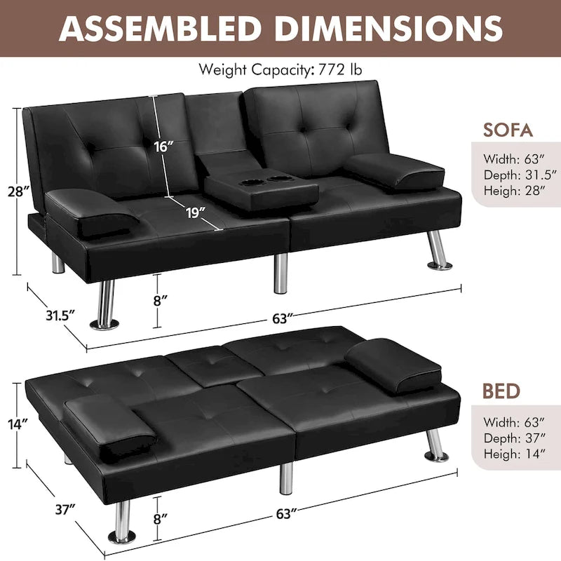 Faux Leather Convertible Futon Sofa Bed 3-in-1