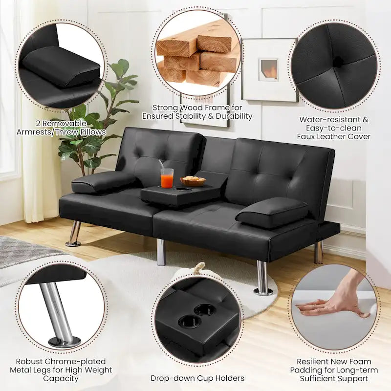 Faux Leather Convertible Futon Sofa Bed 3-in-1