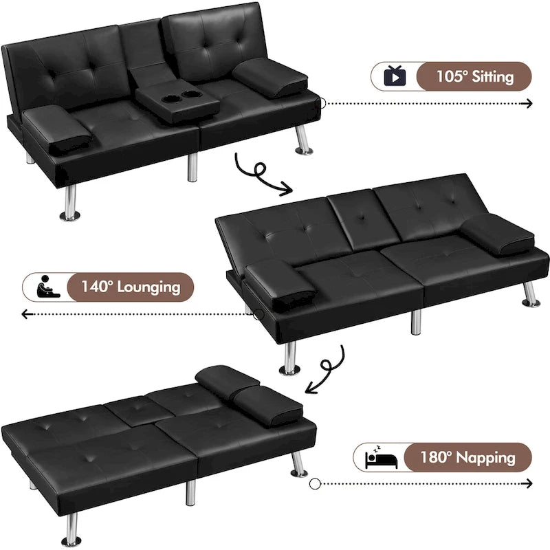Faux Leather Convertible Futon Sofa Bed 3-in-1