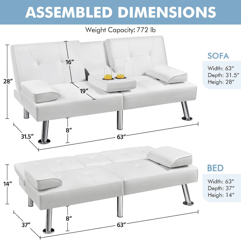 Faux Leather Convertible Futon Sofa Bed 3-in-1