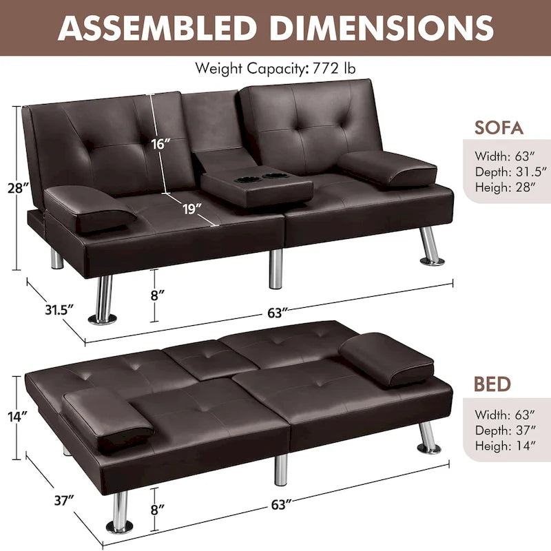 Faux Leather Convertible Futon Sofa Bed 3-in-1