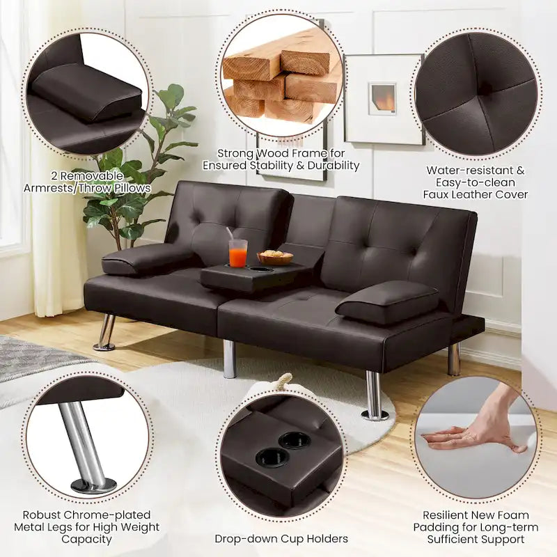 Faux Leather Convertible Futon Sofa Bed 3-in-1