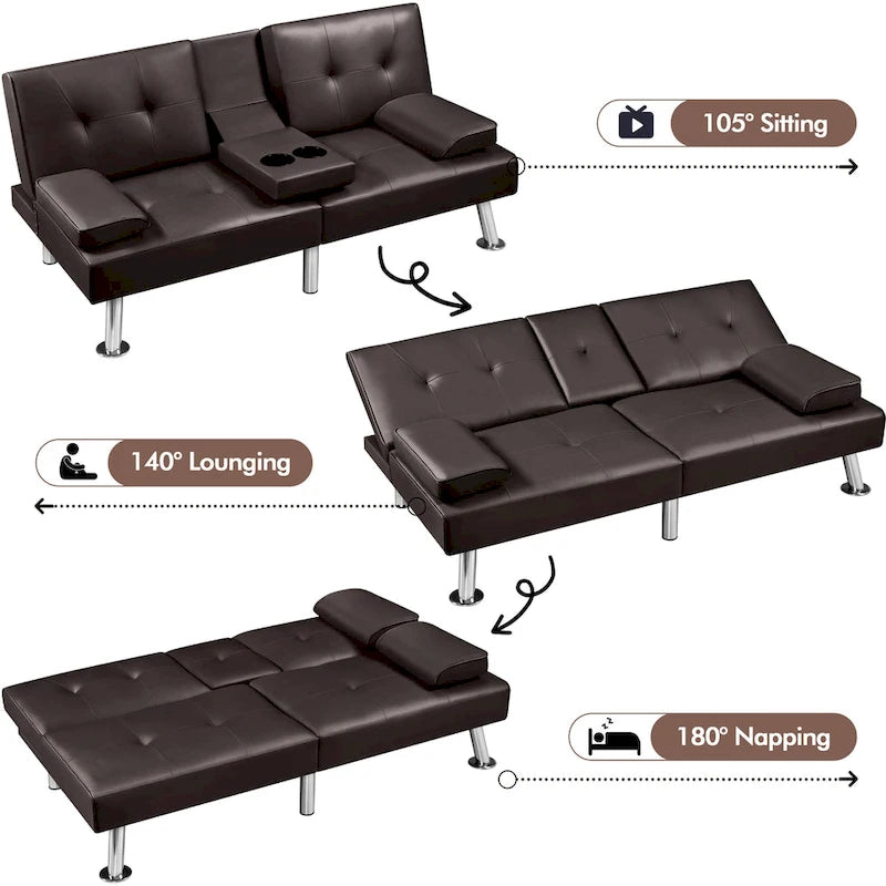 Faux Leather Convertible Futon Sofa Bed 3-in-1