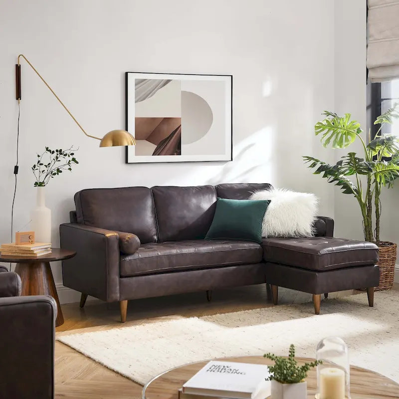 78" Mid-Century Leather Apartment Sectional Sofa