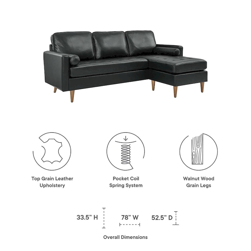 78" Mid-Century Leather Apartment Sectional Sofa