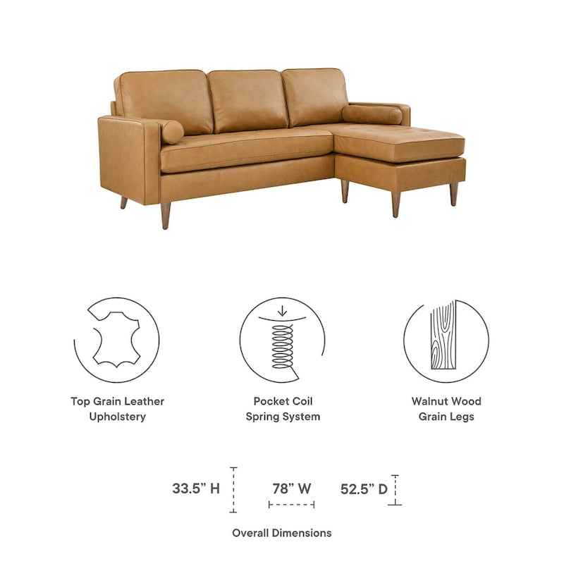 78" Mid-Century Leather Apartment Sectional Sofa