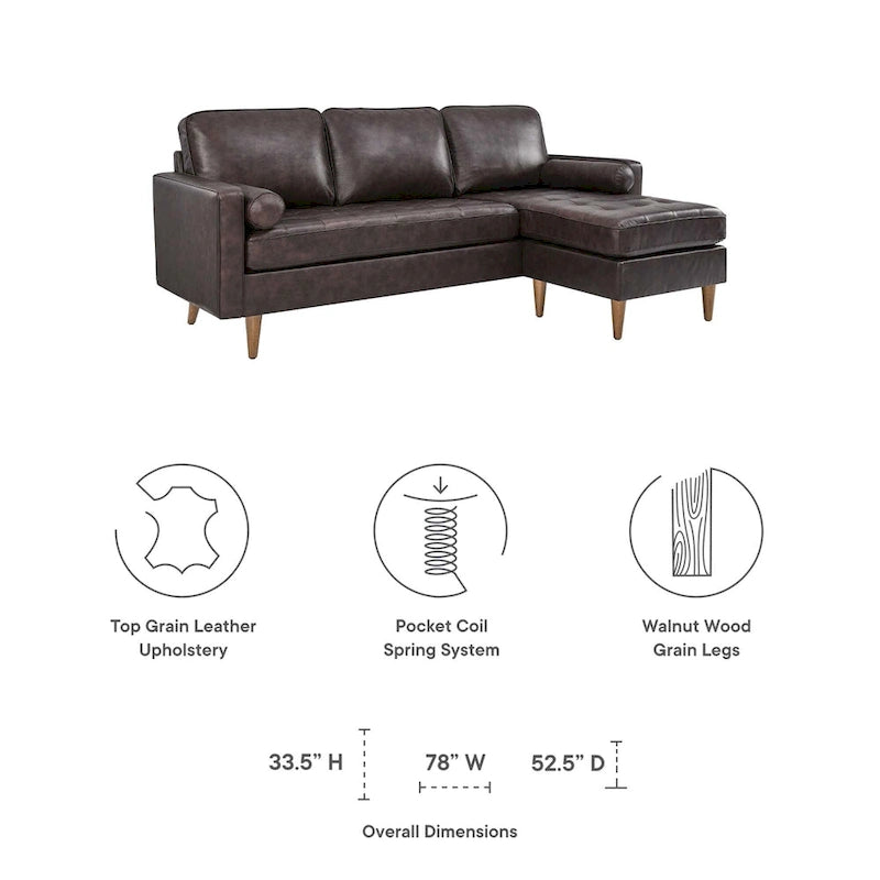 78" Mid-Century Leather Apartment Sectional Sofa