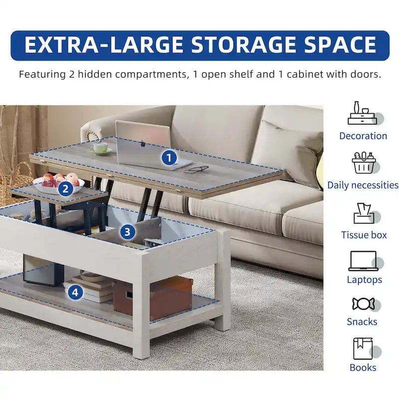 Lift Top Coffee Table Expandable Tabletop with Hidden Storage and Shelf for Living Room