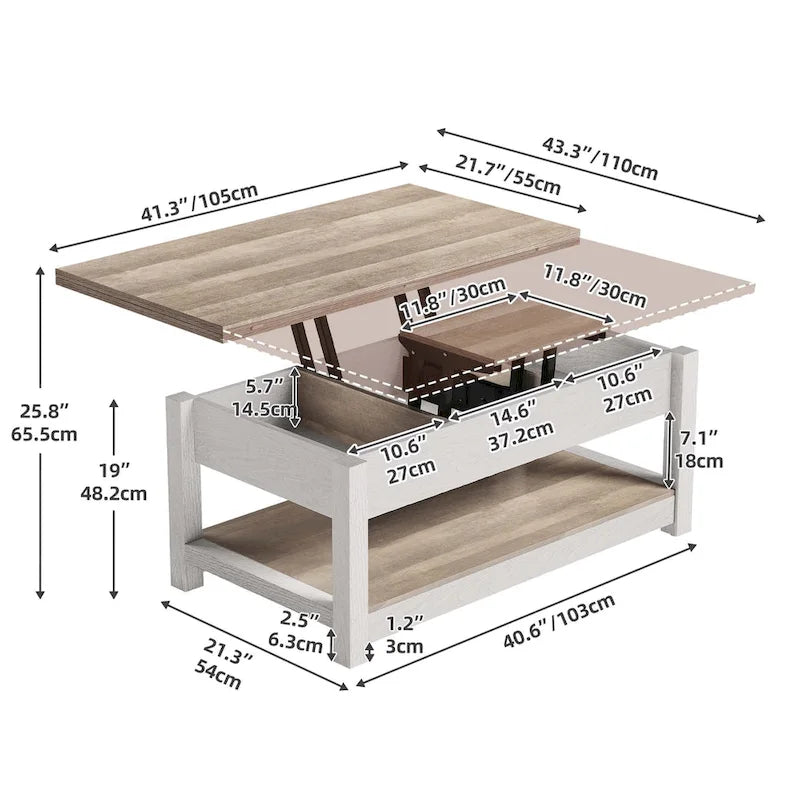 Lift Top Coffee Table Expandable Tabletop with Hidden Storage and Shelf for Living Room