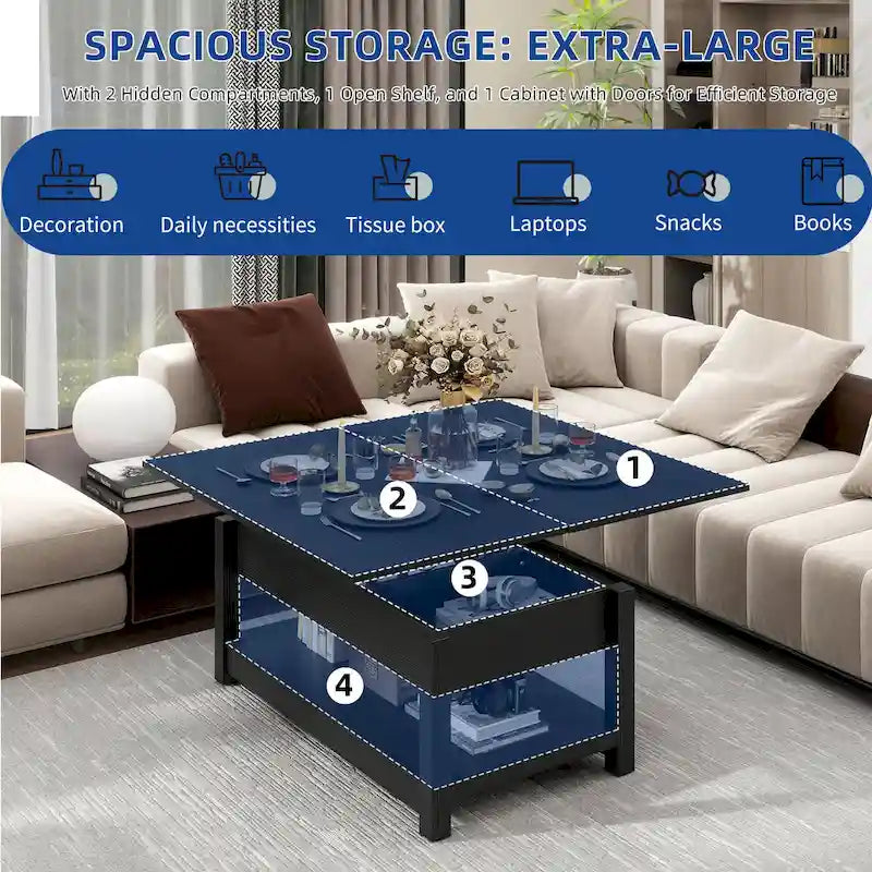 Lift Top Coffee Table Expandable Tabletop with Hidden Storage and Shelf for Living Room