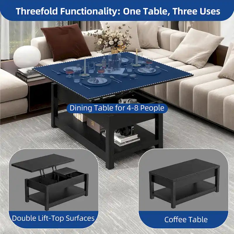 Lift Top Coffee Table Expandable Tabletop with Hidden Storage and Shelf for Living Room
