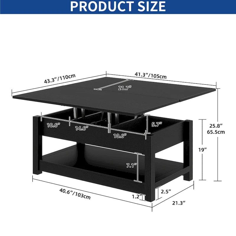 Lift Top Coffee Table Expandable Tabletop with Hidden Storage and Shelf for Living Room