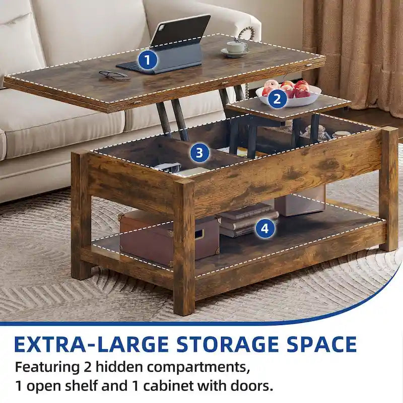Lift Top Coffee Table Expandable Tabletop with Hidden Storage and Shelf for Living Room