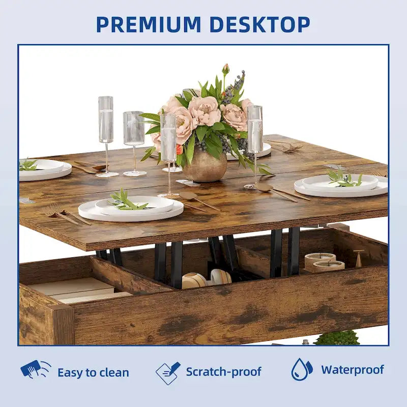 Lift Top Coffee Table Expandable Tabletop with Hidden Storage and Shelf for Living Room