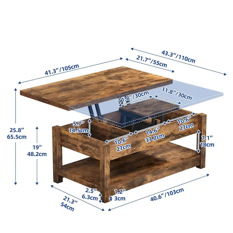 Lift Top Coffee Table Expandable Tabletop with Hidden Storage and Shelf for Living Room
