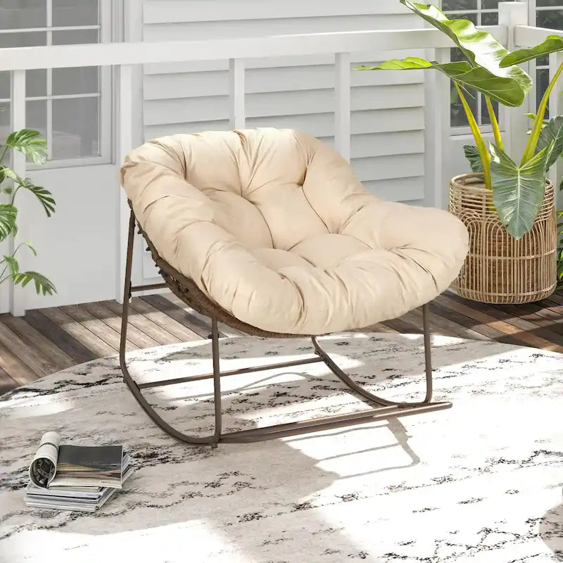 Patio Rocking Papasan Chair Outdoor Oversized Basket Chair Rocker with Cushion