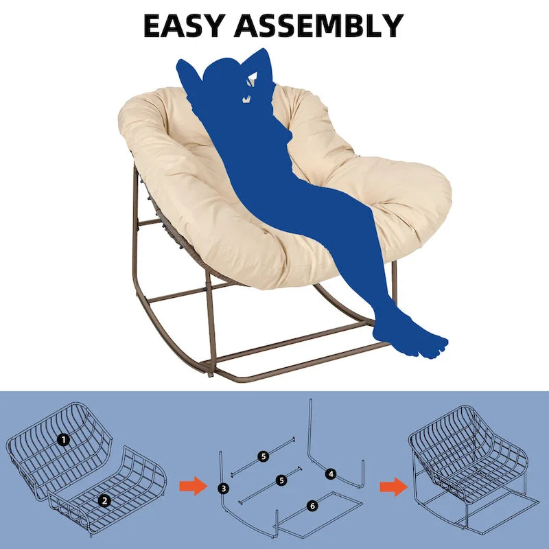 Patio Rocking Papasan Chair Outdoor Oversized Basket Chair Rocker with Cushion